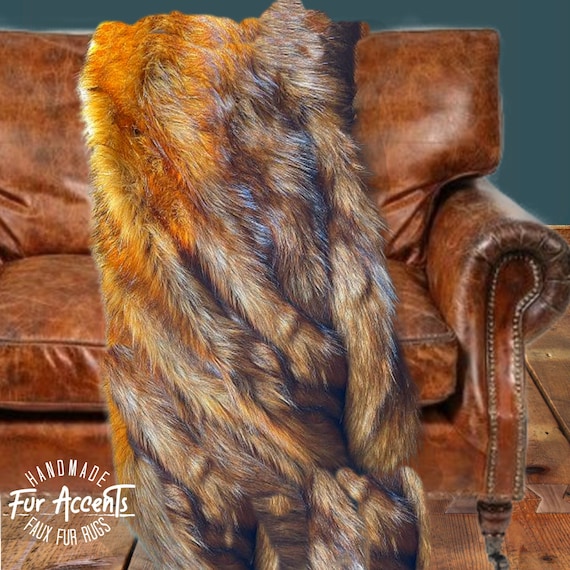 Faux Fur Bedspread, Throw Blanket, New Red Brown Wolf Fur, Soft Bedding, Matching Pillows, Shams, Throw Blankets Available Fur Accents USA