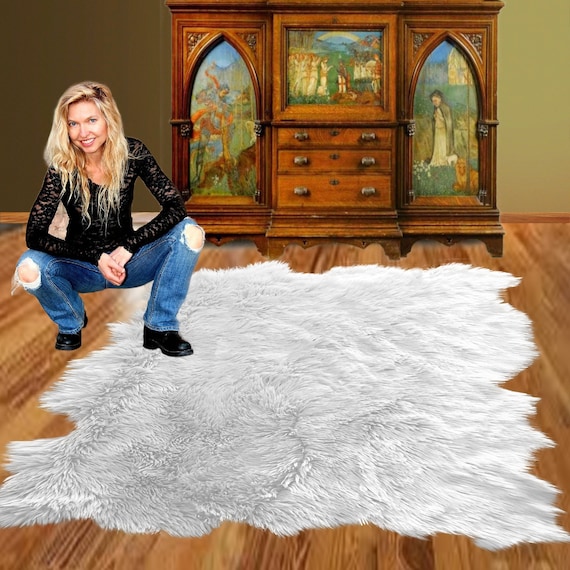 White Random Shape Sheepskin Rug. Realistic. Faux Fur. Area Rug. Lodge Cabin. Throw Rug. Old Fashion. Rustic. Cottage Decor. Gifts For Dad