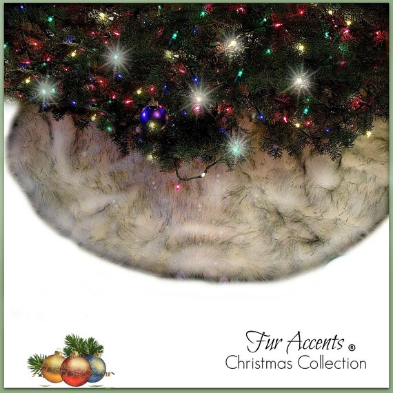 Classic Faux Fur Christmas Tree Skirt - Shaggy Shag Faux  Sheepskin Round  - Creamy Off White with Black or Brown Tips by Fur Accents - USA