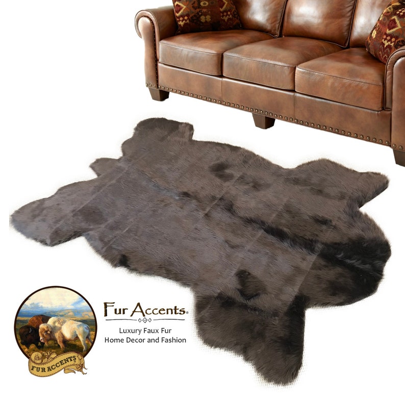 Plush Faux Fur Area Rug Luxury Thick Buffalo Hide Bear Skin Animal Pelt Shape Designer Throw Art Accents Usa