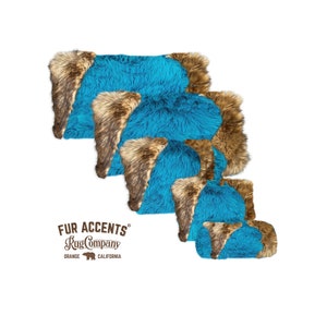May include: Four turquoise blue and brown faux fur throw pillows of varying sizes. The pillows are arranged in a staggered pattern. The pillows feature a brown faux fur trim. The pillows are from Fur Accents Rug Company, Orange, California.