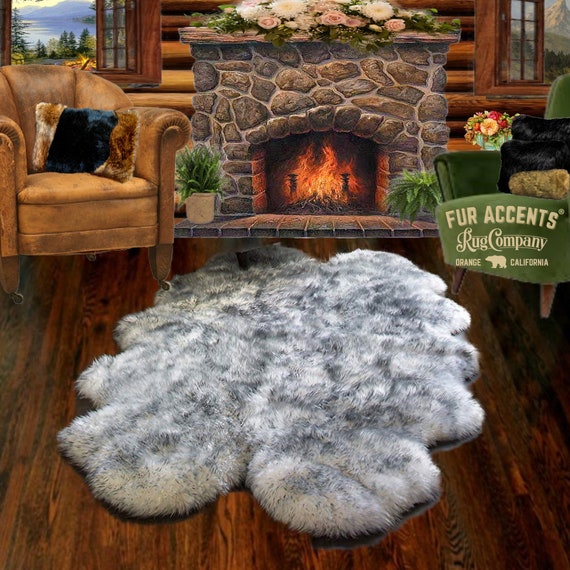 Plush Faux Fur Area Rug - Quatro Shape Sheepskin Design - White, Black Tipped - Designer Art Rug by Fur Accents USA