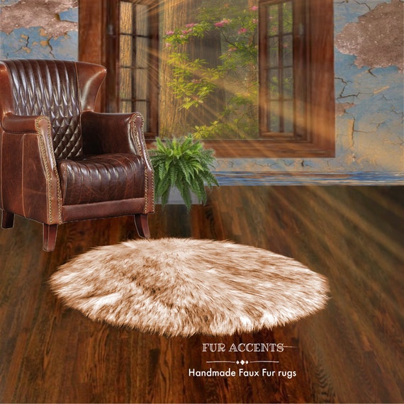 Plush Faux Fur Area Rug - Shag - Thick Black or Brown Tipped Wolf, Huskie, - Round Shape Pelt Design  - Designer Art Rug by Fur Accents USA