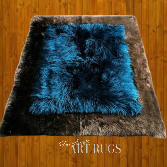 Plush Faux Fur Throw Area Rug - Brown, or Black  Border with Blue or White or Tan Center - Ultra-Soft Lining - Fur Accents - USA