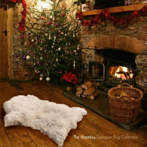 Plush Faux Fur Sheepskin Area Rug - White - Ivory Off White Brown or Spotted Shag Designer Throw Rug - 100% Animal Friendly Fur Accents USA