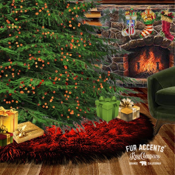 Classic Faux Fur Christmas Tree Skirt - Shaggy Shag Faux  Sheepskin Round  -  12 Colors - Sizes - Hand Made by Fur Accents - USA