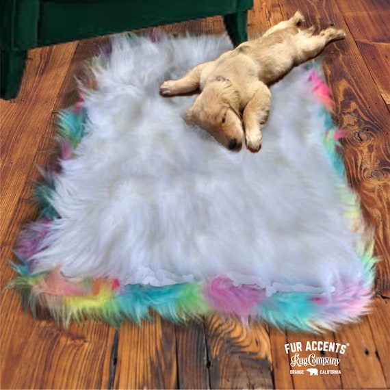 Plush Faux Fur Accent Rug - Shaggy Sheepskin - Rectangle Pelt Design with Soft Pastel Rainbow Fur Trim - Designer Art Rug by Fur Accents USA