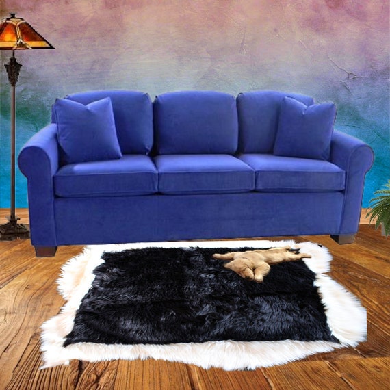Plush Faux Fur Area Rug - Luxury Fur Thick Brown OR Black w/ White Shaggy Border - Sheepskin - Random Shape Designer Throw - Fur Accents USA
