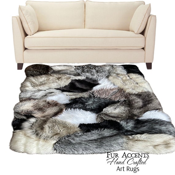 Plush Faux Fur Bedspread or Duvet - Mixed Animal Pelt Patchwork - Black and Gray Shag - Premium Quality - USA - Minky Fur Lining - All Sizes