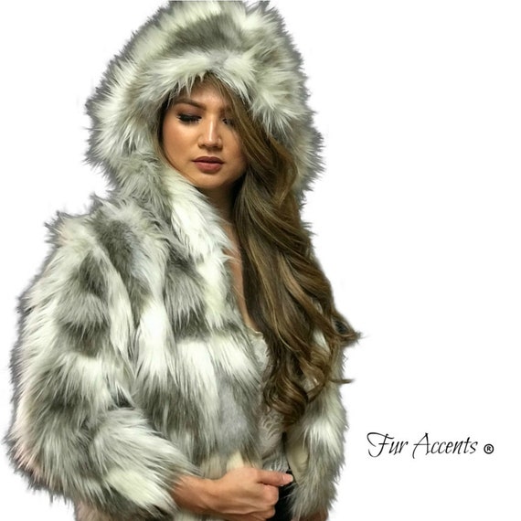 FUR ACCENTS Exotic Faux Fur Shaggy Gray Nordic Fox Hooded Coat - Jacket - Oversize - Lined - Hand Made in the USA