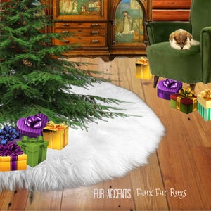 Classic Faux Fur Christmas Tree Skirt Shaggy Shag Faux Sheepskin Round White and Off White by Fur Accents USA image 3