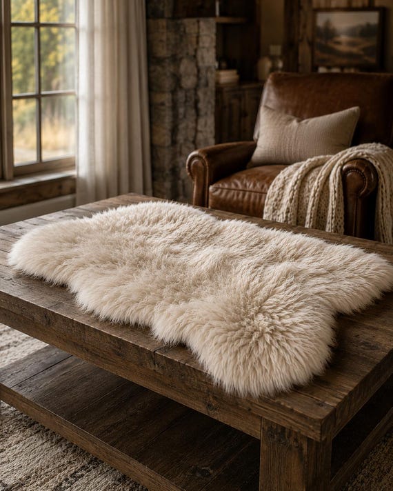 Shaggy Faux Fur Doily, White Sheepskin Scalloped Table Runner, Handmade