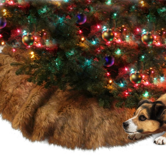 Classic Faux Fur Christmas Tree Skirt - Shaggy Shag Faux  Wolf -  Round  - Light Brown Tones by Fur Accents - USA