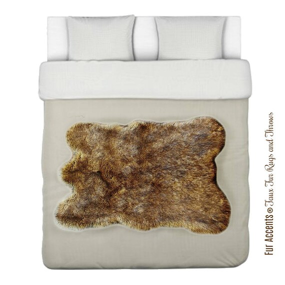 Plush Faux Fur Area Rug - Golden Brown Coyote - Wolf - Bear Skin - Faux Fur - Designer Throw Rug - Fur Accents - USA