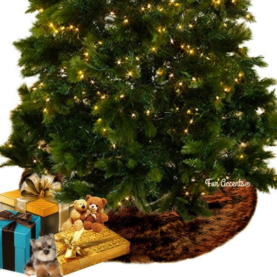 Classic Faux Fur Christmas Tree Skirt - Shaggy Shag Faux Sheepskin Round  Brown - White and Off White - by Fur Accents - USA