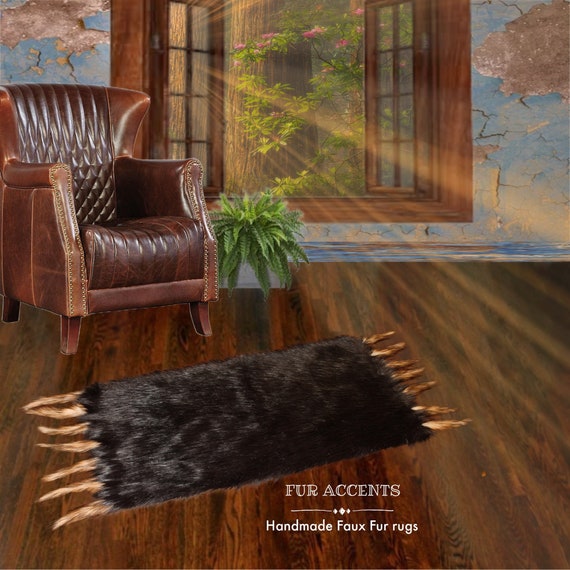 Plush Faux Fur Area Rug - Luxury Fur Deer Skin - Bear - Wolf Pelt - Tail Fringe - Log Cabin Lodge - Designer Throw Art Rugs Fur Accents USA