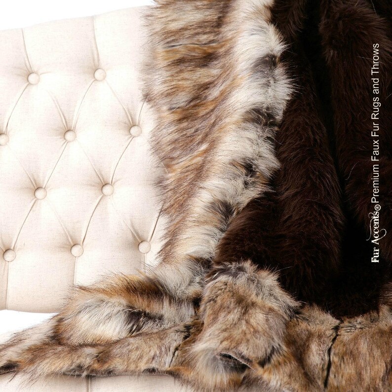 Brown Shag Bear with Light Brown Ribbed Fox Fur Border Trim Fur Accents Plush Faux Fur Throw Blanket Bedspread Minky Lining USA