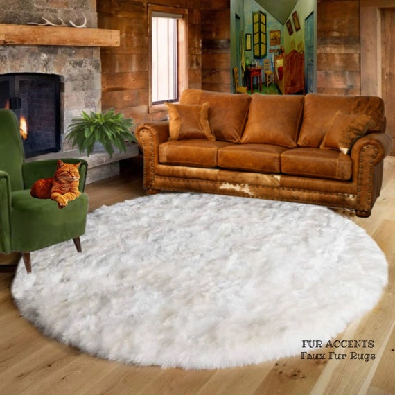 Plush Faux Fur Area Rug - Shaggy Thick Sheepskin - Round Shape Pelt Design  - Designer Art Rug by Fur Accents USA