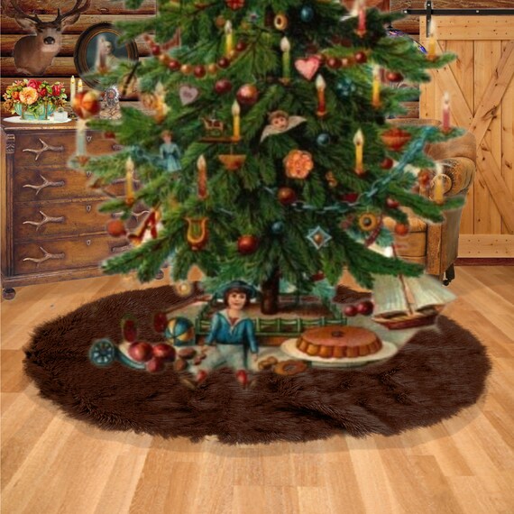 Classic Faux Fur Round Christmas Tree Skirt - Shaggy Shag Faux  Wolf - Coyote - Sheepskin Round  - Golden Brown Tones by Fur Accents - USA