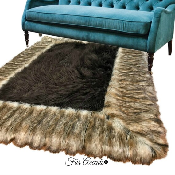 Faux Fur Throw Area Rug - Shag Rug with Beautiful Ribbed Fox Fur Border - Brown or Gray - Ultra Suede Lining - Exclusive by Fur Accents USA