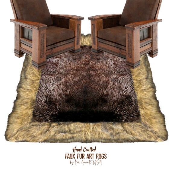 Plush Faux Fur Throw Area Rug - Brown, or Black  Center with Wolf, Coyote  Fur Border Trim - Ultra-Soft Lining - Fur Accents - USA