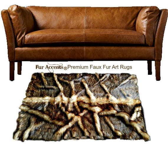 Plush Faux Fur Area Rug "Roots" Pelt Design - Rectangle Shape Throw Carpet -  Red Brown Fox Pieced Fur - Designer Art Rug by Fur Accents USA