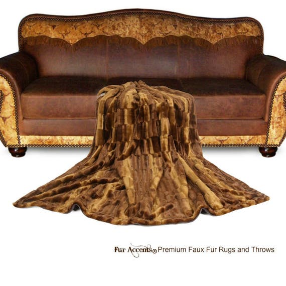Plush Faux Fur Throw Blanket, Bedspread - Luxury Fur - Brown Tone Patch Beaver - Minky Cuddle Fur Lining - Fur Accents USA
