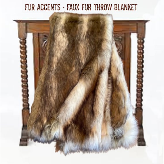 Faux Fur Throw Blanket, Soft, Coyote Stripe, Wolf Skin, Realistic, Bedding, Bedspread, Minky Cuddle Lining, Handmade by Fur Accents USA