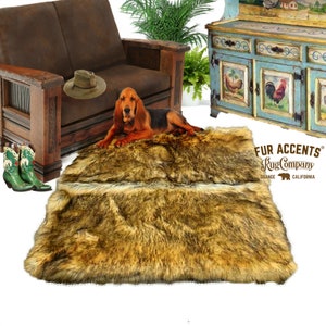 Rectangle Wolf Fur, Coyote Pelt Rug, Realistic Faux Fur Area Rug, Lodge Cabin Throw Rug, Old Fashion, Rustic. Cottage Decor. Gifts For Dad