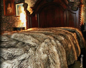 Plush Faux Fur Bedspread - Coyote - Wolf Shag Bear Design - Designer Throws by Fur Accents USA