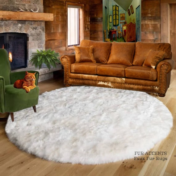 Plush Faux Fur Area Rug - Shaggy Thick Sheepskin - Round Shape Pelt Design  - Designer Art Rug by Fur Accents USA