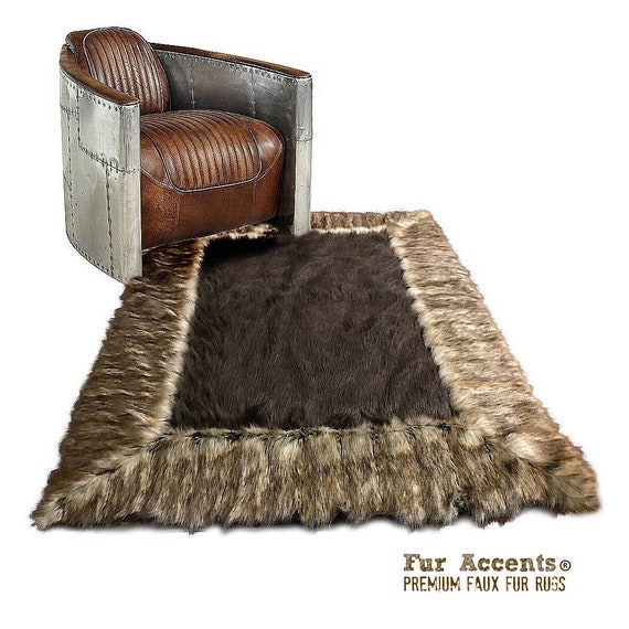 Faux Fur Throw Area Rug - Shag Rug with Beautiful Ribbed Fox Fur Border - Brown or Gray - Ultra Suede Lining - Exclusive by Fur Accents USA