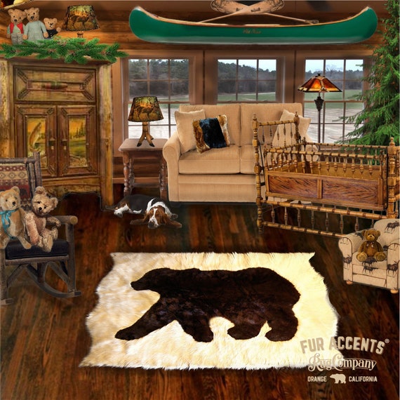 Plush Faux Fur Area Rug - Walking Bear Art Rug - Tan Rectangle - Hand Crafted - Micro Suede Lining - Western - Log Cabin - Fur Accents USA