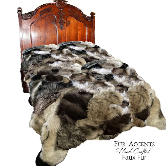 Plush Faux Fur Bedspread or Duvet - Mixed Animal Pelt Patchwork - Black and Gray Shag - Premium Quality - USA - Minky Fur Lining - All Sizes