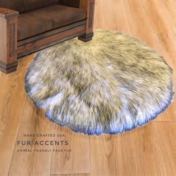Plush Faux Fur Area Rug - Shaggy Black or Brown Tipped Wolf, Thick Sheepskin, Round Shape Pelt Design  - Designer Art Rug by Fur Accents USA