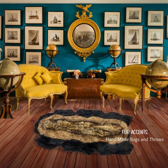 Faux Fur Throw Rug, Golden Brown Coyote, Wolf Luxury Pieced Fur Pelt with Black Brown or White Center, Ultra Suede Lining, Fur Accents USA