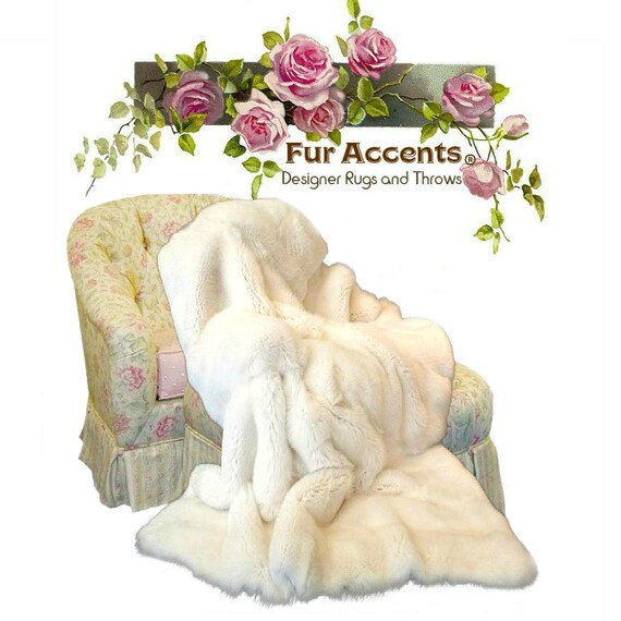 Plush  Faux Fur Throw Blanket, Soft Creamy  White Rabbit - Mink - Tissavel Shag   - Luxury Fur - Minky Cuddle Fur Lining Fur Accents USA