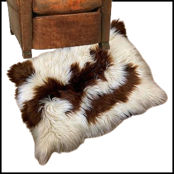 Our Thickest Icelandic Faux Fur Sheepskin Rug. Brown and Off White Spotted Shag. Area Rug. Accent Throw Rug.