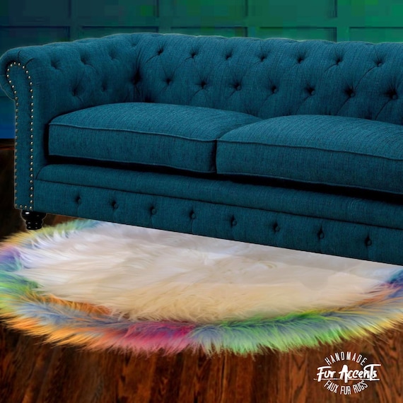 Soft Plush Faux Fur Area Rug, Round, White Shag with Rainbow Border Trim, Handmade in America by Fur Accents USA