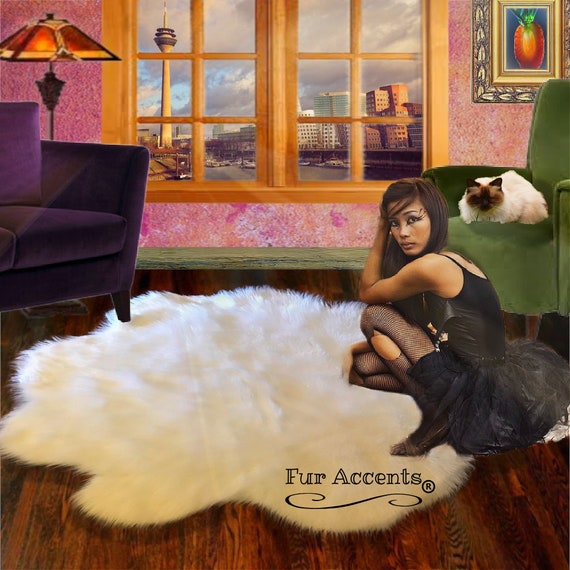 White, Palette Shape Sheepskin Rug. Realistic Fluffy Faux Fur, Area Rug, Lodge Cabin, Throw Rug, Bohemian, Cottage Décor