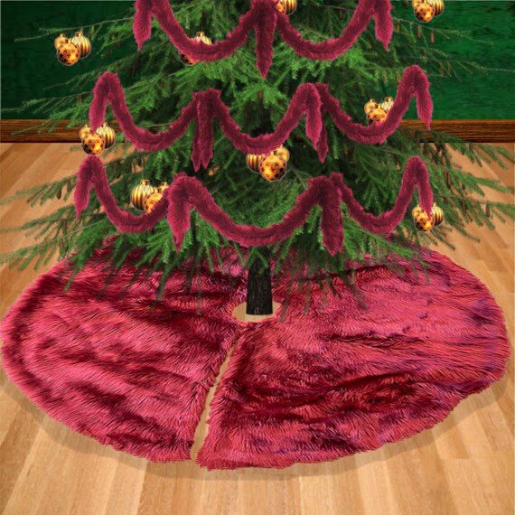 Faux Fur Christmas Tree Garland, Swag, Shaggy Cranberry Red, Strand, Ornament, Stairway Trim, Mantle Decoration, Fur Tinsel, Fur Accents-USA