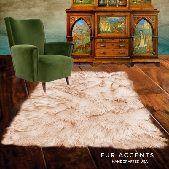 Plush Faux Fur Sheepskin Area Rug - Luxury Fur Thick Shaggy Pelt Shape Designer Throw Rug - Rectangle - Straight Edge - Fur Accents - USA