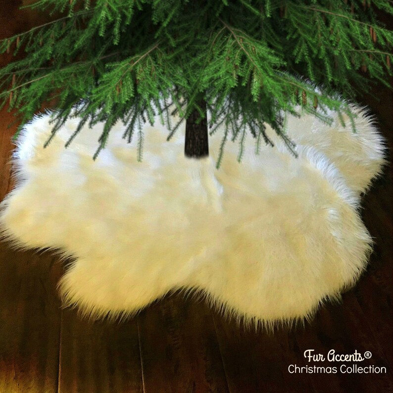 Shaggy- Shag- Faux Sheepskin- Random Shape White -Hand Made by Fur Accents USA Plush Classic Faux Fur Christmas Tree Skirt