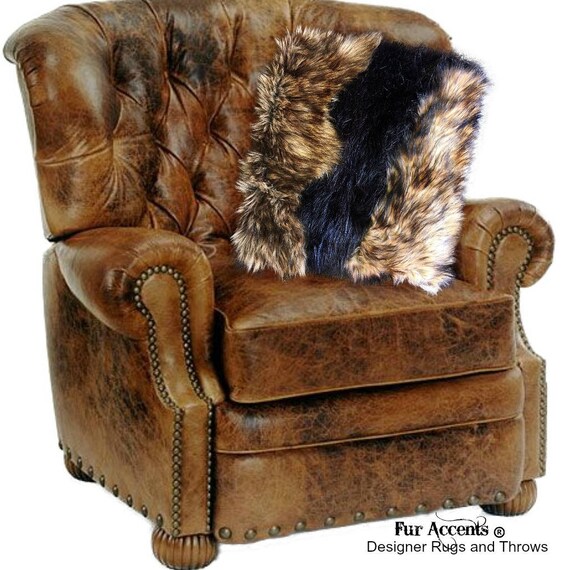Plush Faux Fur Pillow - Sham - Cover - Plush Black Bear with Golden Wolf Trim - 3 New Sizes - Designer Throw - Toss -  Fur Accents USA