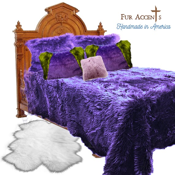 Plush Faux Fur Bedspread - Pillow Shams - 6 Pc Custom Set - Dark Purple Color - Euro - Shams and Toss Pillow Handmade - Fur Accents USA