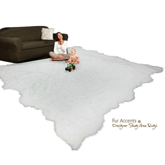 Large Plush Faux Fur Sheepskin Area Rug - Shaggy Random Design - Warm Natural White or Off White Designer Throw Carpet - Fur Accents - USA