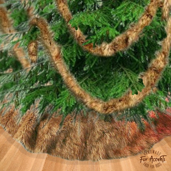 Classic Faux Fur Round Christmas Tree Skirt - Shaggy Shag Faux  Wolf - Coyote - Sheepskin Round  - Golden Brown Tones by Fur Accents - USA