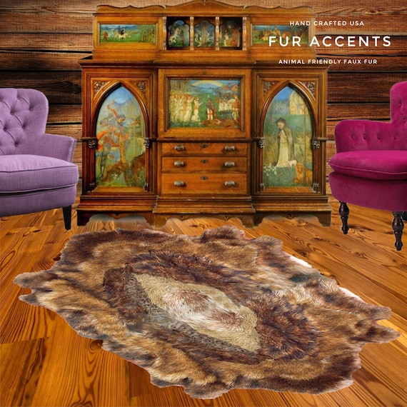 One of a Kind, Patchwork Pieced Fur Oval Bear Skin Rug,100% Animal Friendly, Area Rug, Designer Original, Fur Accents, Hand Made, USA