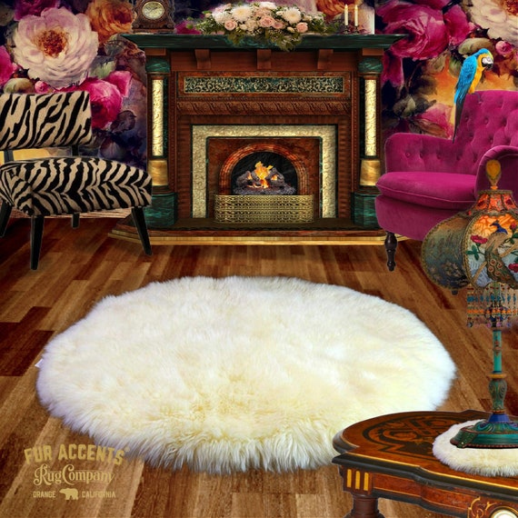 Plush Faux Fur Area Rug - Shaggy Thick Sheepskin - Round Shape Pelt Design  - Designer Art Rug by Fur Accents USA