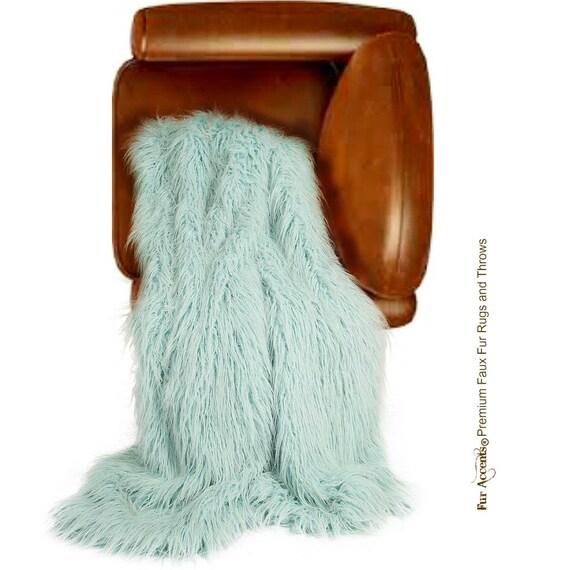 Plush Faux Fur Throw Blanket - Bedspread - Shaggy Mongolian Llama Shag - Light Mint Green - Fur Minky Cuddle Fur Lining - Fur Accents - USA